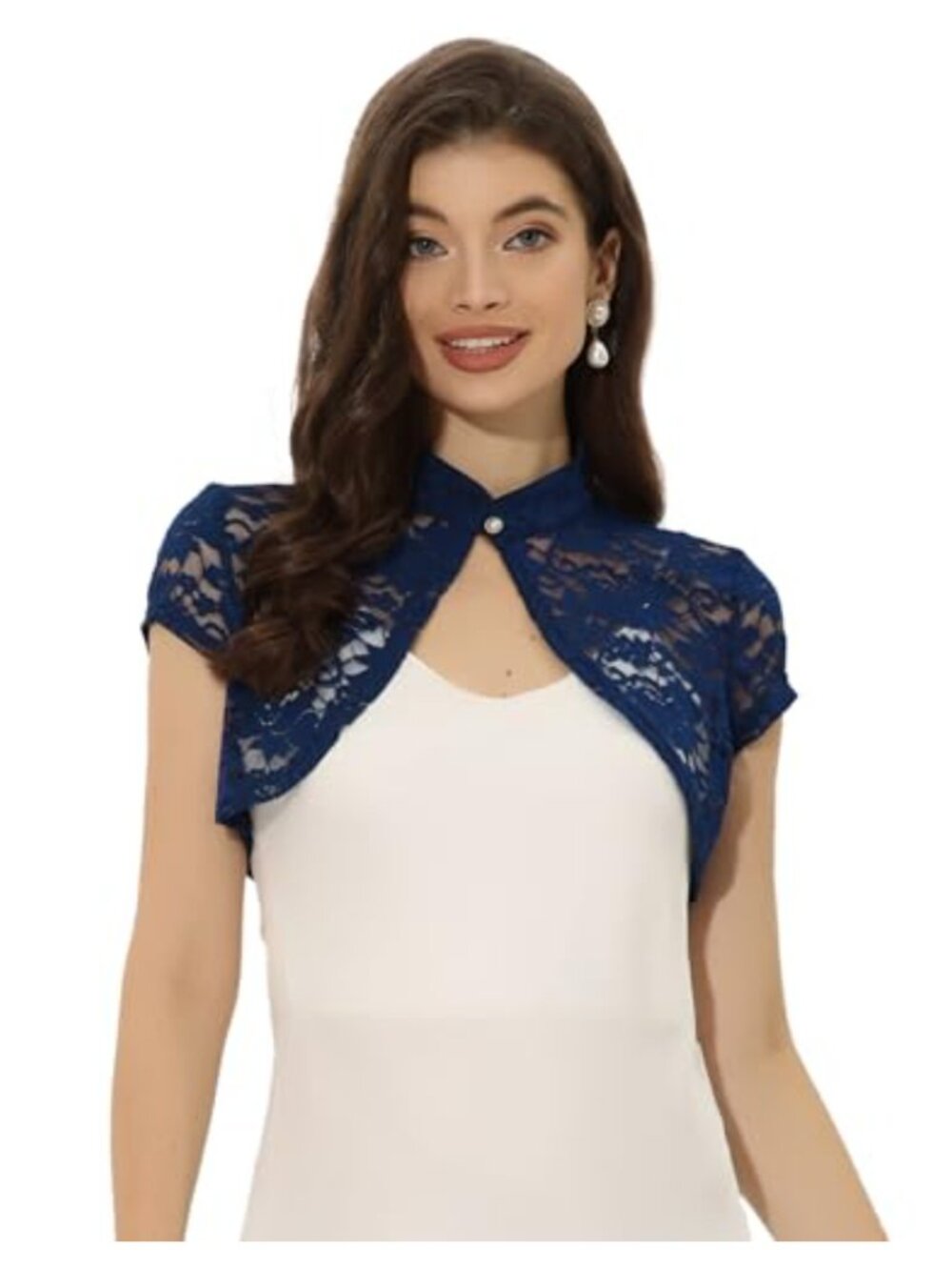 Lace Cardigan Shrug with Pearl Buttons, Stand Collar Cropped Bolero